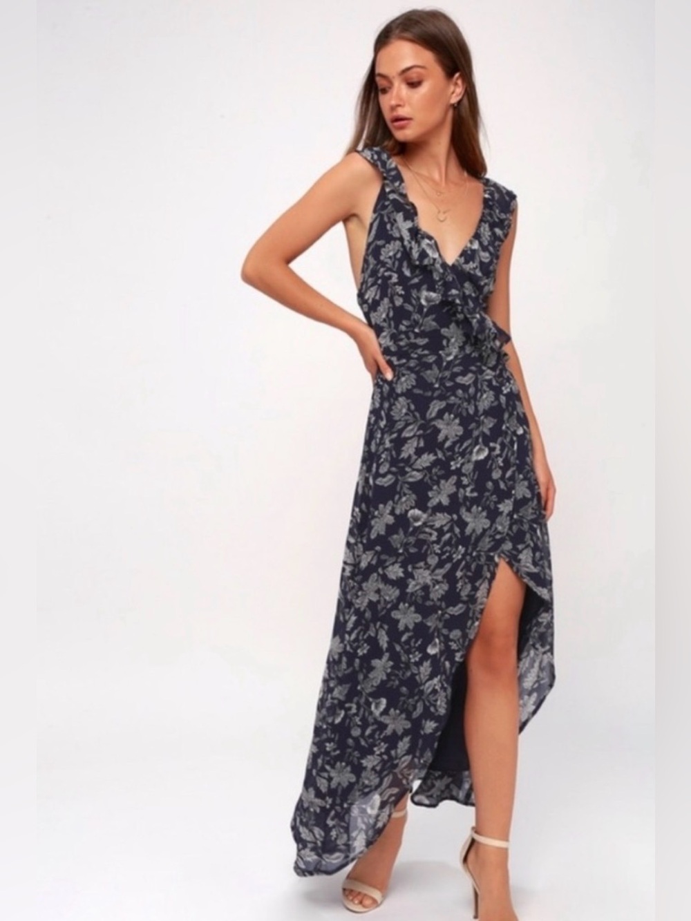 BB Dakota RSVP Kelli Navy Floral High Low Wrap Dress Size 2 Romantic Moody